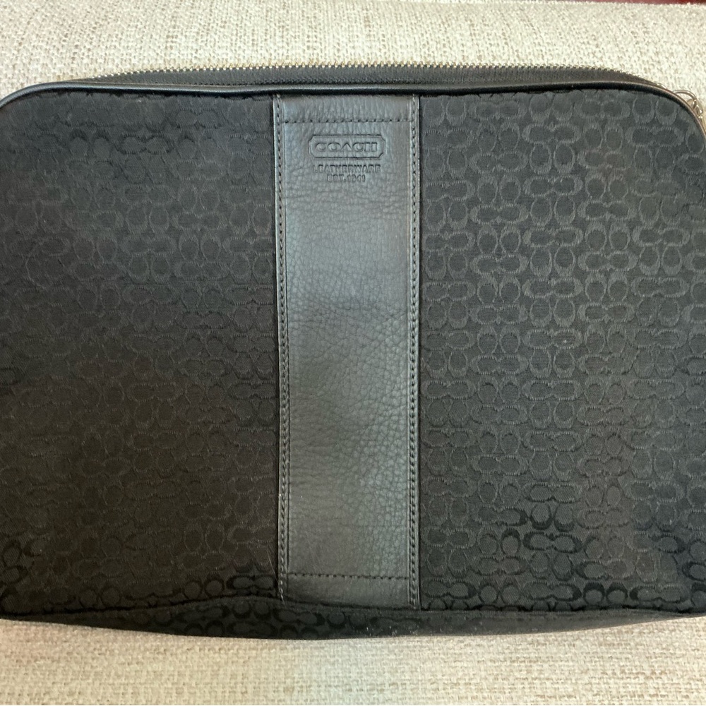 Coach Black Signature Laptop Sleeve with Leather Trim